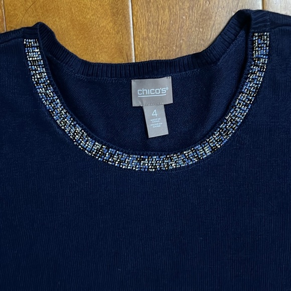 Chico's Blue Boxy 3/4 Sleeve Sweater Size 4 Sparkle Detail Lagenlook Relaxed - Picture 2 of 12